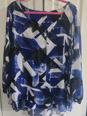 Alfani Blue White Black Abstract-Print Sheer Overlay Long-Sleeve Blouse